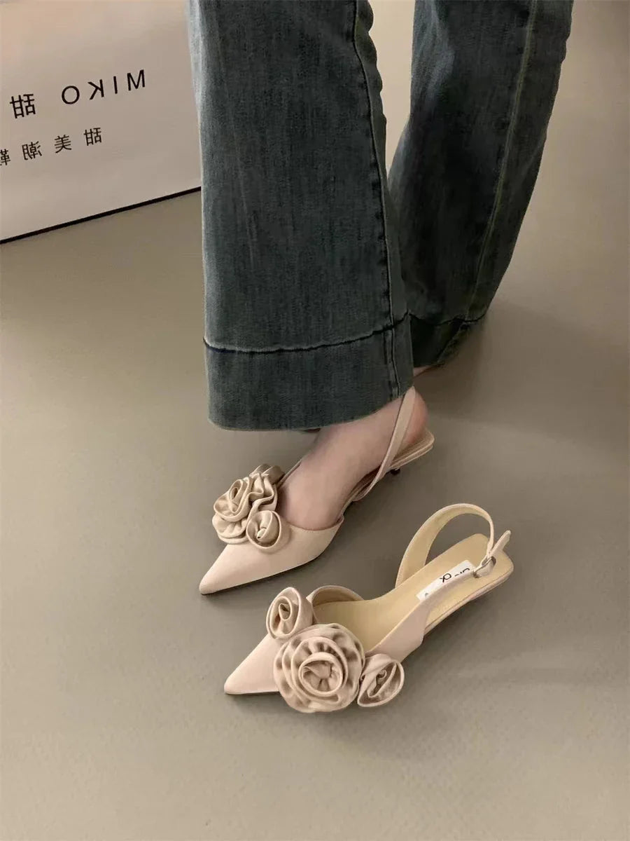 New Brand Women Sandal Fashion Flower Ladies Elegant Dress Slingback Shoes Thin Low Heel Dress Mules Pumps