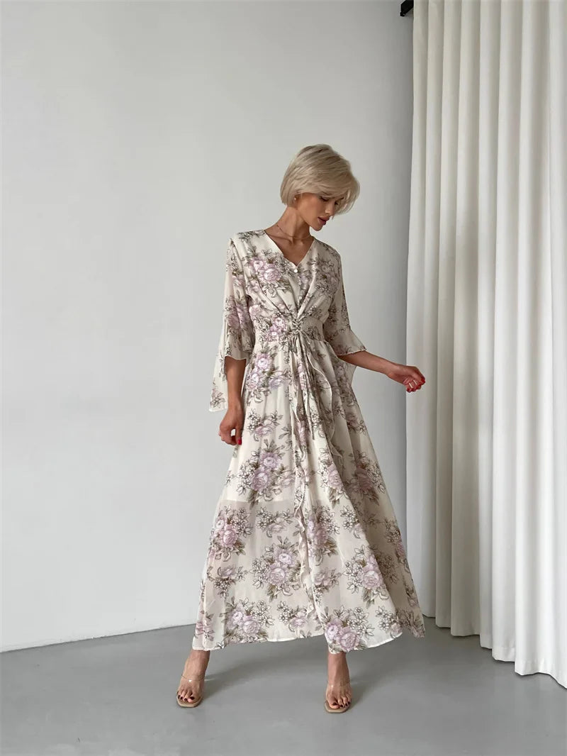 Elegant Bodycon Chiffon Maxi Dress Women Bandage Sexy Side Slit Beach Dress White Pink Floral Summer Long Dresses For Women 2024