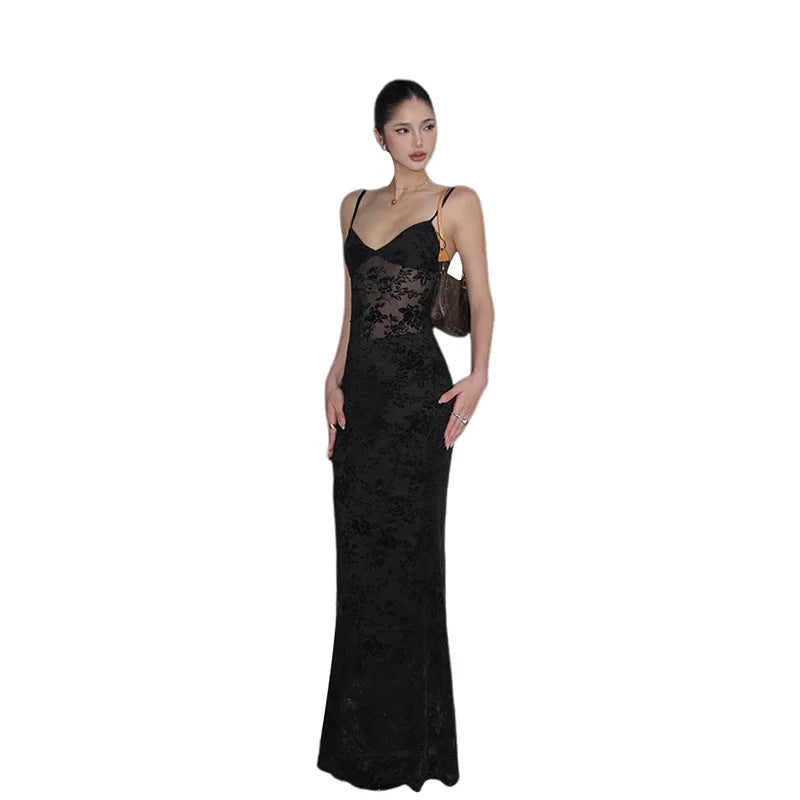 Elegant Sheer Floral Lace Maxi Dress for Women V Neck Spaghetti Strap Bodycon Floor Length Evening Party Prom Dresses