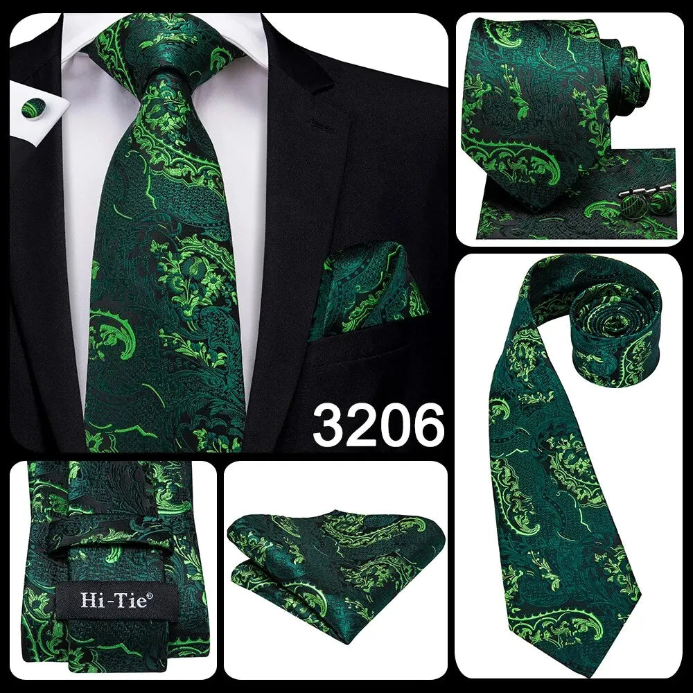 Hi-Tie Peacock Blue Novelty Designer Silk Wedding Tie For Men Hanky Cufflinks Gift Mens Fashion Necktie Set Business Party