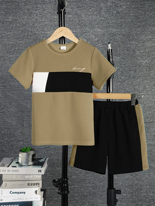 2pcs Boys Casual Colorblock Short Sleeve T-shirt & Shorts Set, Comfy Summer Kids Clothes