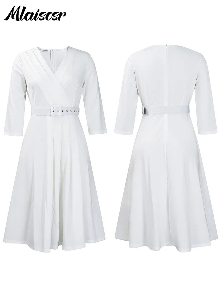 Mlaiscsr Evening Gowns Dresses with Belt Women Clothing V Neck 3/4 Sleeves A Line Pleataed Dress Occasion Elegant Office Outfits