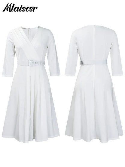 Mlaiscsr Evening Gowns Dresses with Belt Women Clothing V Neck 3/4 Sleeves A Line Pleataed Dress Occasion Elegant Office Outfits