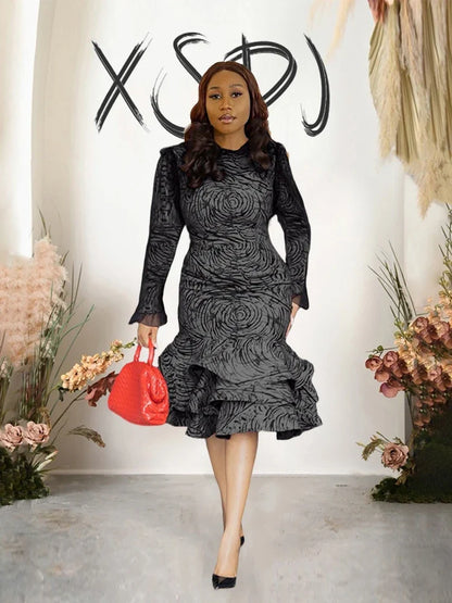Long Sleeve Midi Dress Woman Ruffled Around Sexy Tight Dress with Lace Sleeves Elegant Party Girl Dress Dropshipping Wholesale