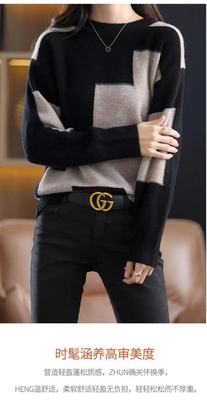 Autumn Winter Contrast Color Pullover Sweater Lady Loose Casual Fashion All-match Knitting Jumpers Ladies Oversized Bottomed Top