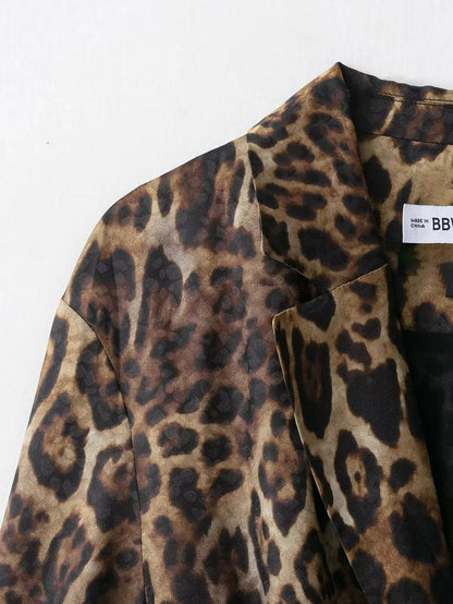 KONDALA Vintage Leopard Print Women Suits V Neck Sashes Long Sleeve Oversized Blazer+Wide Leg Pants Fashion 2025 Autumn Suits