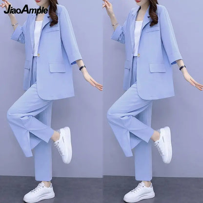 2026 Women Spring New Casual Blazers Jacket Trousers Matching Set Korean Elegant Loose Suit Coat Pants Two Piece Female Clothing