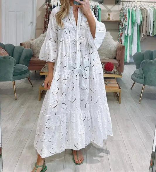 Dresses for Dresses Spring Summer Shirt Dress 2024 White dresses V-Neck Flared Sleeves Lace Hollow Solid Color Sexy Long Dresses