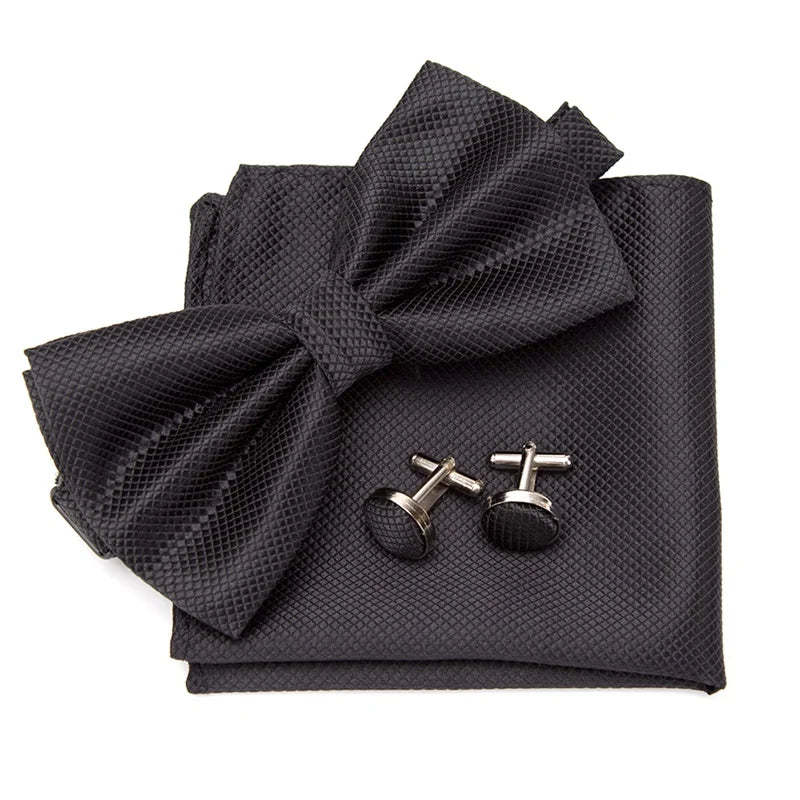Multicolor Bowtie Pocket Square Cufflinks Sets Classic Solid Color  Bowtie Wedding Party Formal Gift Plaids Adjust Neck Bow Tie