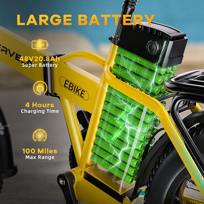 1000W Folding Electric Bike – 48V 20.8AH, 30+MPH, 80+ Miles, 20" Fat Tire, 7-Speed