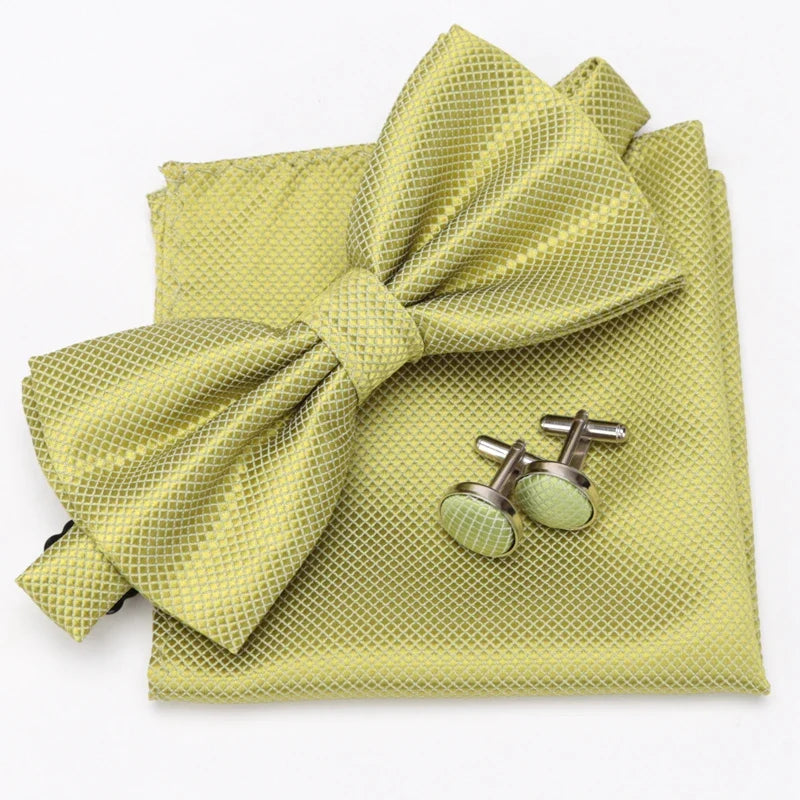 Multicolor Bowtie Pocket Square Cufflinks Sets Classic Solid Color  Bowtie Wedding Party Formal Gift Plaids Adjust Neck Bow Tie