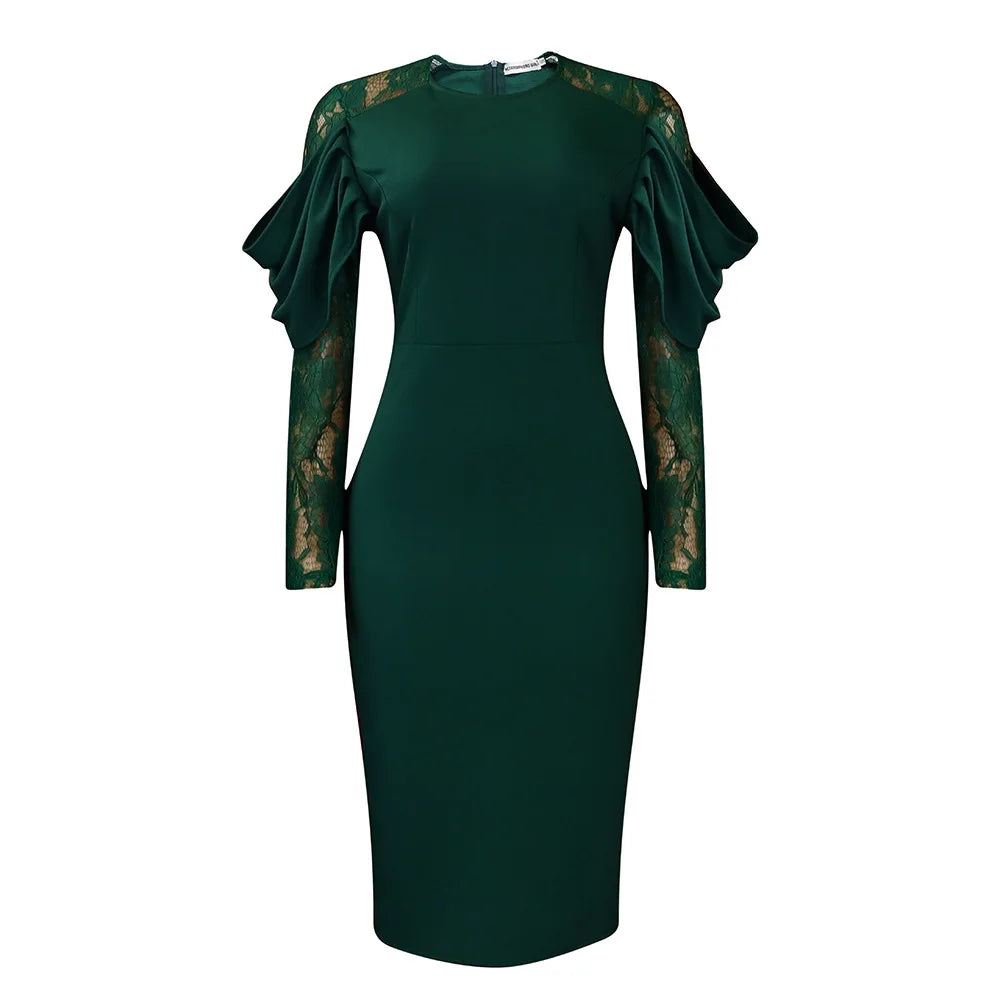 Sexy Bodycon Dresses for Women O Neck Lace Sleeve Sheath Package Hips Mid Calf Female Luxury Birthday Party Dinner Vestidos