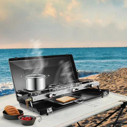 3-Burner Portable Camping Stove – 4.5kW, Piezo Ignition, Propane/Butane, No Assembly