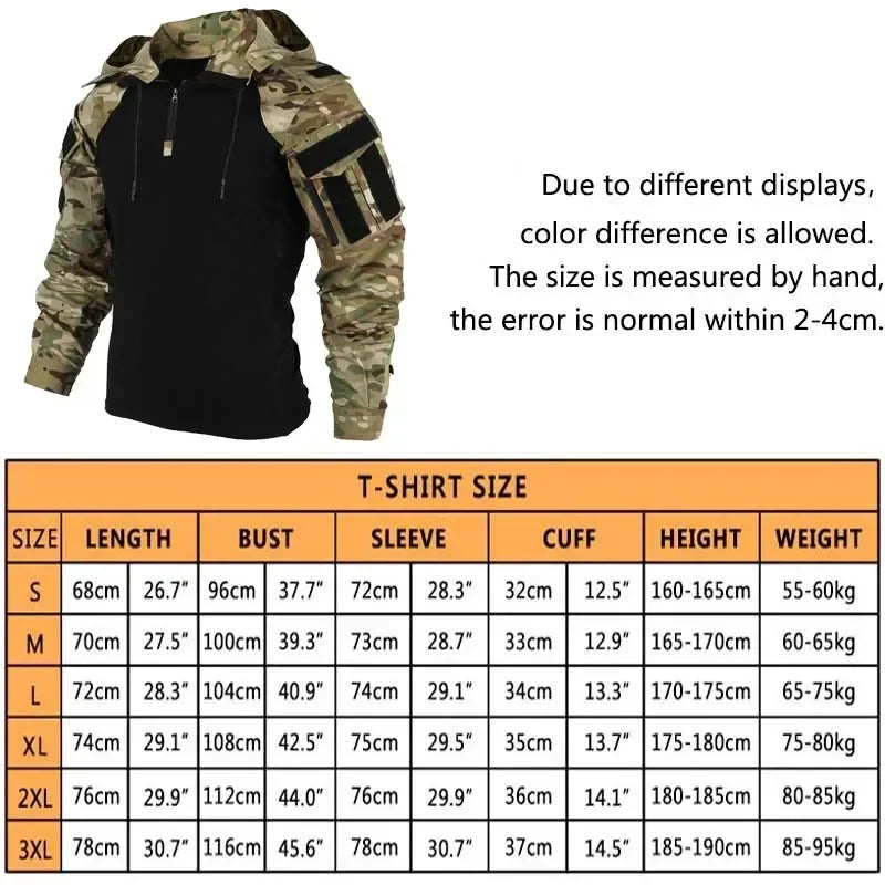 Men's Tactical Camo Hooded Combat Shirt – Long Sleeve, Quick-Dry, Sizes S–XXXL