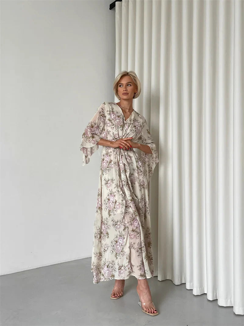 Elegant Bodycon Chiffon Maxi Dress Women Bandage Sexy Side Slit Beach Dress White Pink Floral Summer Long Dresses For Women 2024