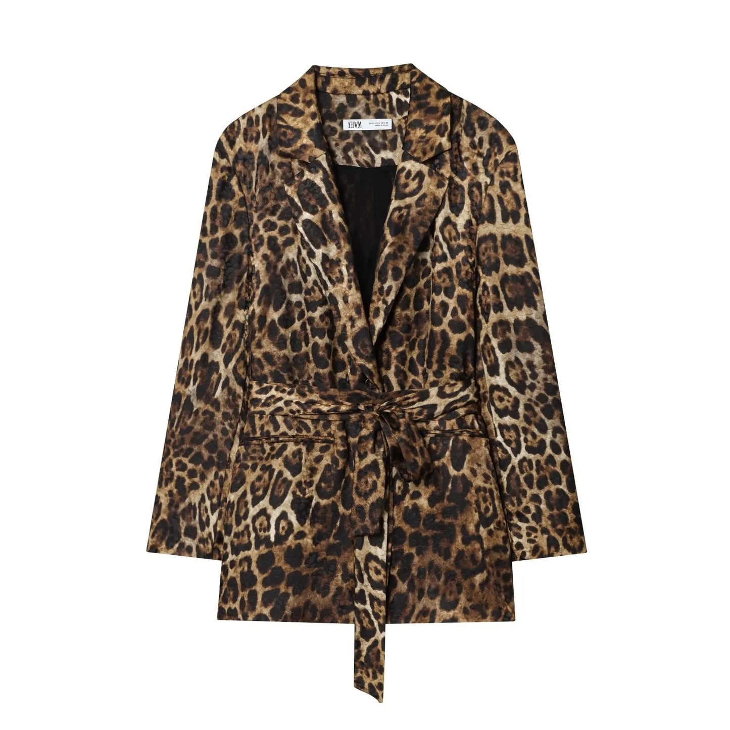 HH Women Autumn 2-Piece Set Chic Leopard Print Turn-Down Collar Pockets Belt Design Blazers+High Waist Zipper Wide-Leg Pants
