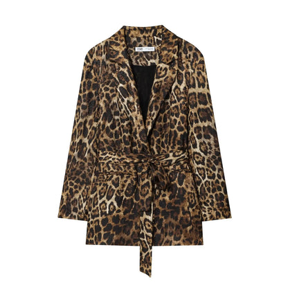 HH Women Autumn 2-Piece Set Chic Leopard Print Turn-Down Collar Pockets Belt Design Blazers+High Waist Zipper Wide-Leg Pants