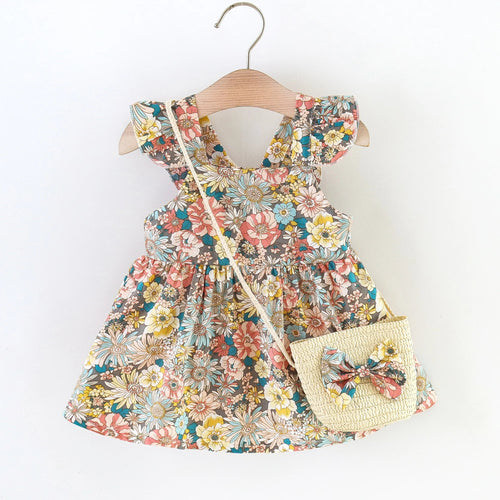 2 Pcs Summer New Baby Girl Dress Fashionable Floral Fly Sleeve Cotton Dress with Crossbody Bag Suitable for Babies Aged 0-3