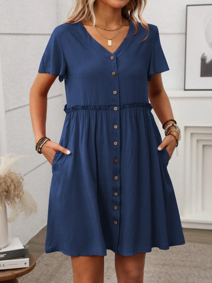 Spring Summer Button Down Dress Flutter Sleeve Cotton Linen A Line Dress With Pockets Beach Summer Knee Length Dresses For Women