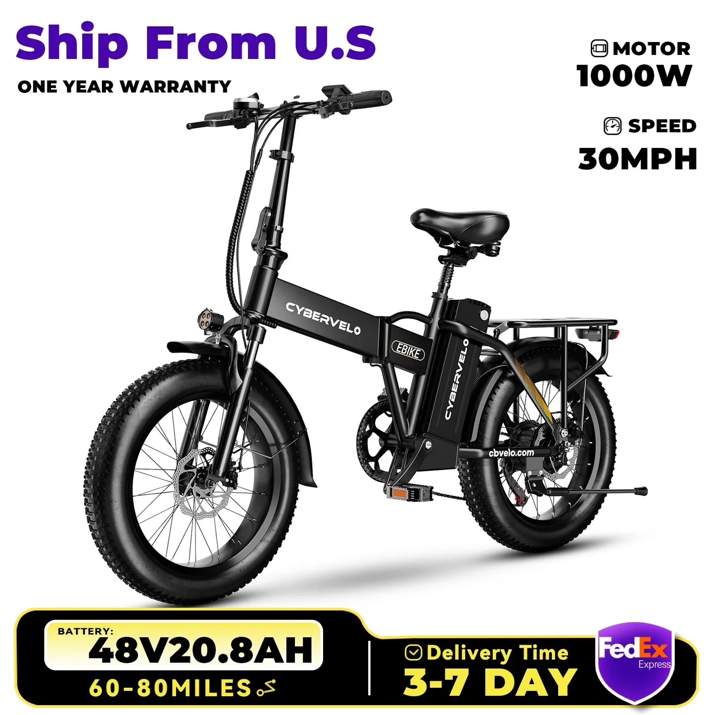 1000W Folding Electric Bike – 48V 20.8AH, 30+MPH, 80+ Miles, 20" Fat Tire, 7-Speed