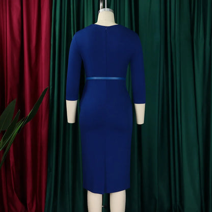 L-3XL Plus Size Elegant Midi Dress 2025 Spring Summer Women Office Lady Dress Casual 3/4 Sleeve Bandage Robe Oversize Dress