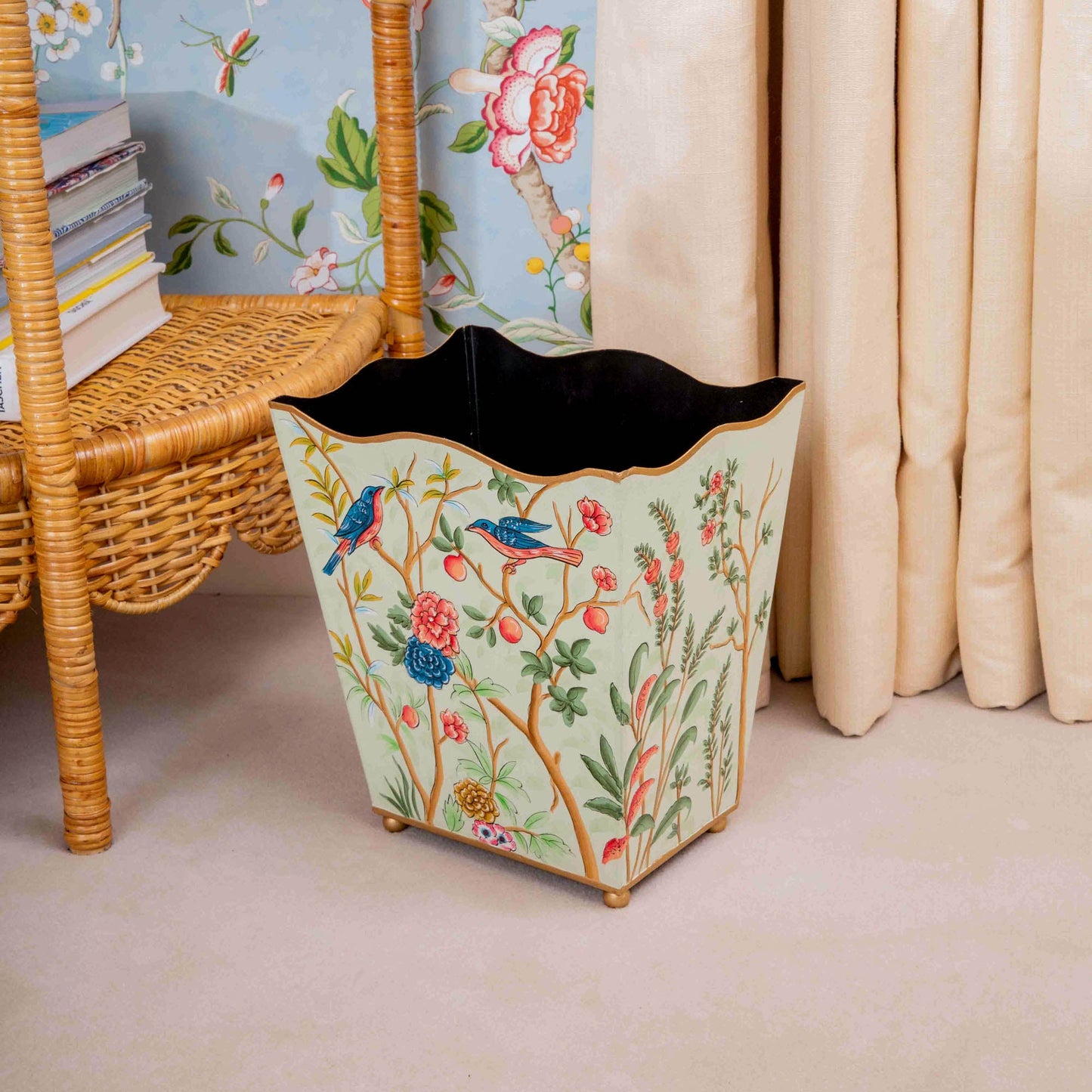 Green Chinoiserie Tole Waste Paper Bin