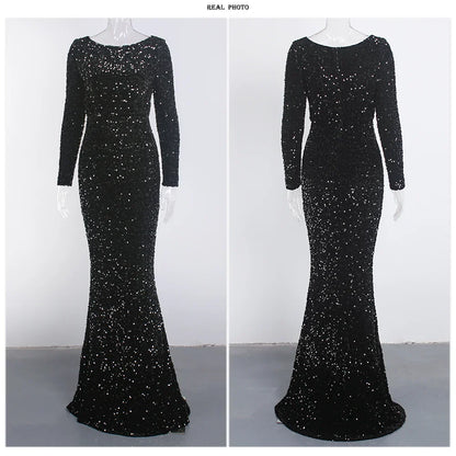 Romagic Elegant Women Modest Stretch Sequin Royal Blue Wedding Prom Gown Long Sleeves Mermaid Formal Evening Party Dress 2025