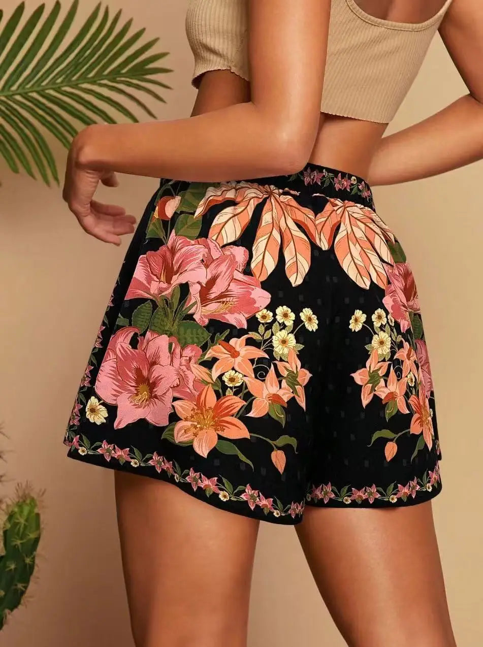 Women's Tropical Print High Waist Shorts – Elegant Casual Vacation Short Pants