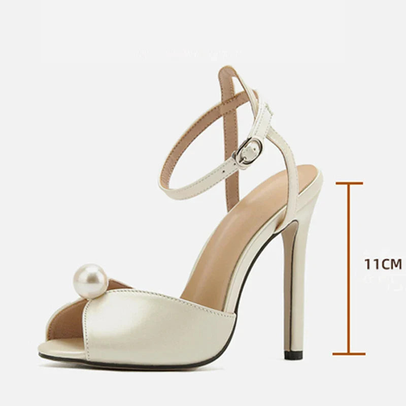 Liyke High Quality Cozy Silk Peep Toe 11CM Thin Heels Gladiator Sandals Women Fashion Pearl Designer Shoes Ankle Strap Sandalias