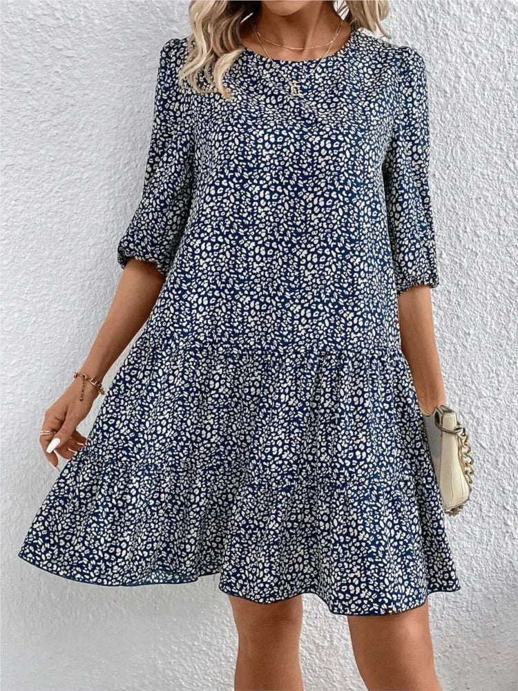 Spring Summer Fashion Floral Half Sleeve Dress 2024 Women Round Neck Casual Loose Comfortable Dresses For Women