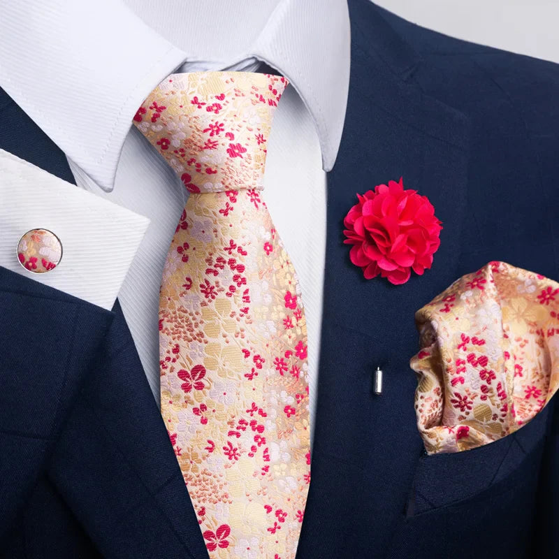 Luxury Mens Ties Floral Black Gold Ties Paisley NeckTie Pocket Square Cufflinks Brooch Set Men's Wedding Party Tie