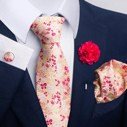 Luxury Mens Ties Floral Black Gold Ties Paisley NeckTie Pocket Square Cufflinks Brooch Set Men's Wedding Party Tie