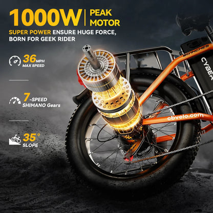 1000W Folding Electric Bike – 48V 20.8AH, 30+MPH, 80+ Miles, 20" Fat Tire, 7-Speed