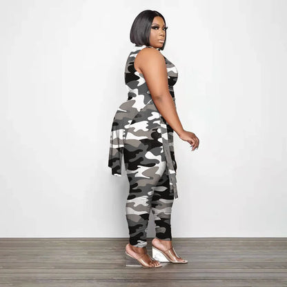 Camouflage Plus Size Women Clothing Two Piece Outfits Sleeveless Round Neck Bandage Crop Tops Pants Sets Wholesale Drop Shipping
