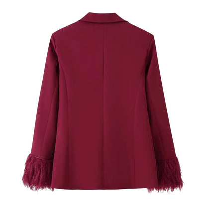 KONDALA 2025 Office Lady Fashion Slim Suits Single Breasted Feather Trim Blazer+Zipper Pockets Long Pants Fashion Female Suit