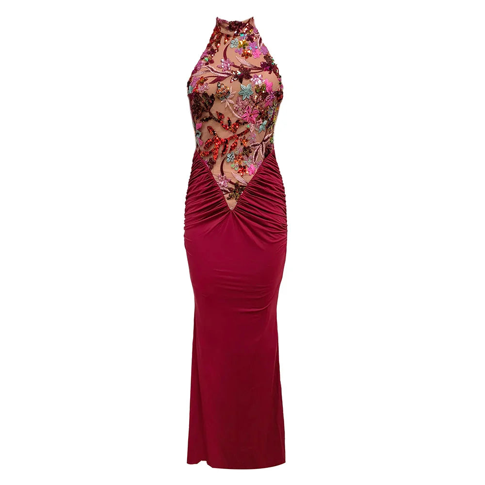 Sexy Red Floral High-Neck Bodycon Dress with Pleated Detailing – Halter Sleeveless Evening Gown | Stylish Party Wear