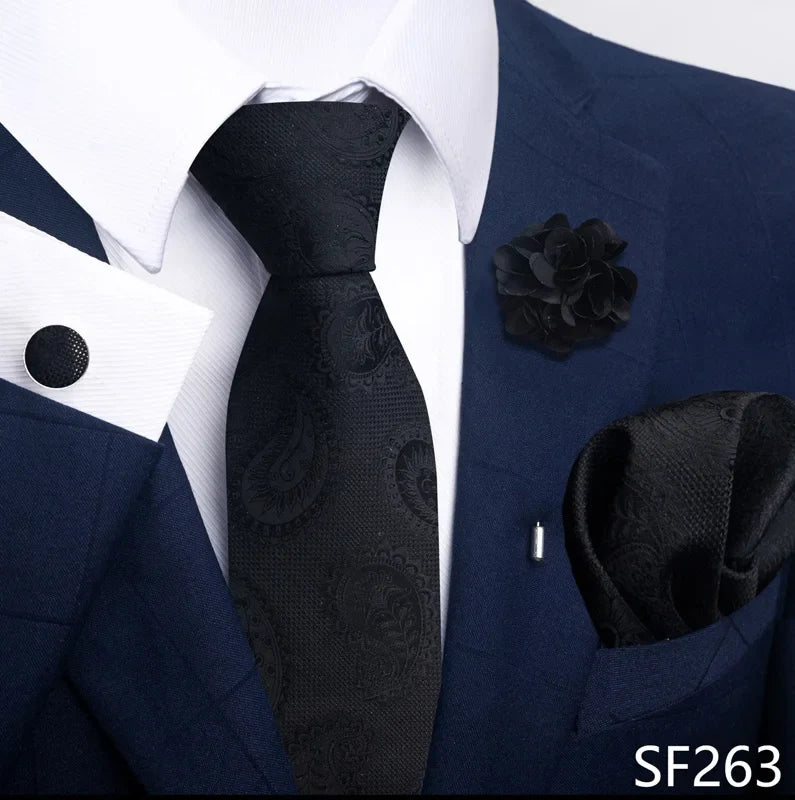 Luxury Mens Ties Floral Black Gold Ties Paisley NeckTie Pocket Square Cufflinks Brooch Set Men's Wedding Party Tie