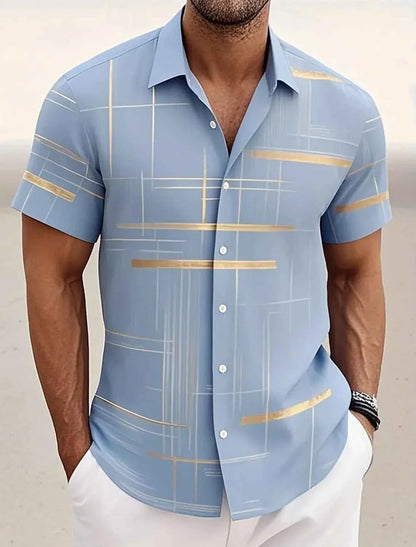 Summer Men's Geometric Grid  Plaid Shirts Short Sleeve Turndown Hawaiian Shirt Button Up Shirts No Pockets Shirts