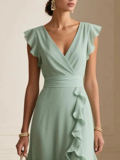 2026 Summer Fashion Ruffles Gowns Party Dress Women Sexy V-neck Solid Color A-Line Dress Elegant Hight Waist Slim Fit Long Dress