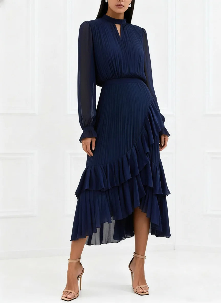 Elegant Ruffle Long Sleeve Dress for Women Chic Spring Summer Layered A Line Dress Lady Pleated Verstidos Prom Party Gowns