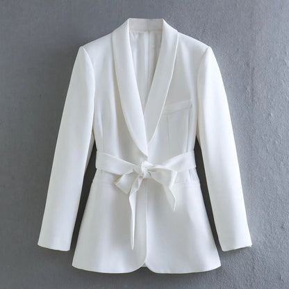 Spring and Autumn Women's Casual Blazer Chic Outerwear Slim Straight Pants Long Sleeve V-Neck Belted Office Commuter Suit Set