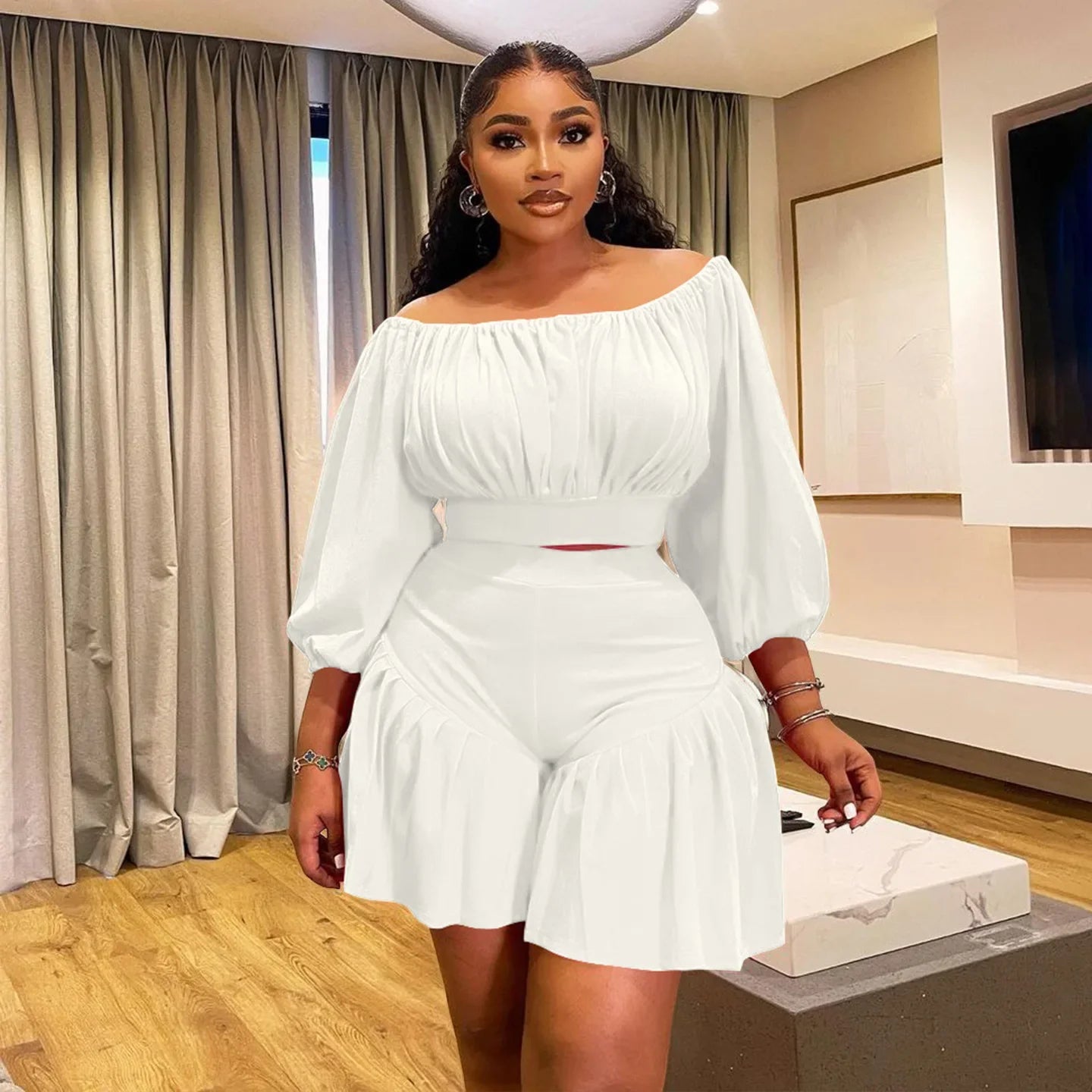 CM.YAYA Plus Size Women's Set Long Sleeve Slash Neck T-Shirt and Shorts 2025 Summer Ruched Two 2 Piece Set Outfits Tracksuit