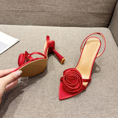 Liyke Summer Fashion Silk Rose Flowers Pointed Open Toe Back Strap Sandals Women Red High Heels Wedding Prom Shoes Zapatos Mujer