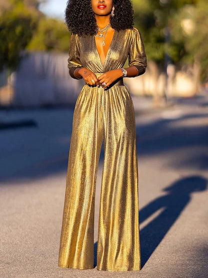 Bonboho Women's Solid Color Jumpsuit Deep V-neck Three-Quarter Sleeves High Waist Wide Leg Oe-piece Suit Summer Casual Jumpsuits