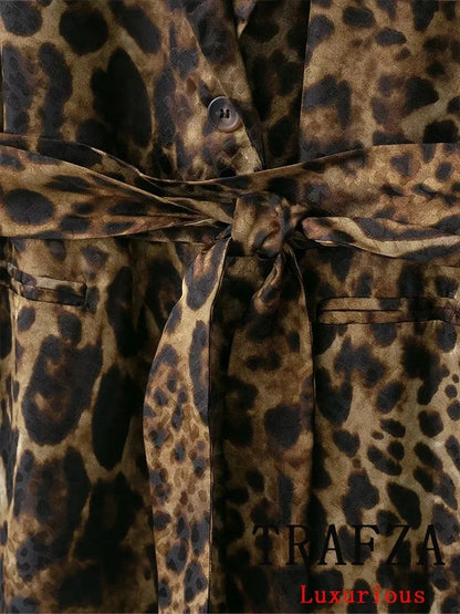KONDALA Vintage Leopard Print Women Suits V Neck Sashes Long Sleeve Oversized Blazer+Wide Leg Pants Fashion 2025 Autumn Suits