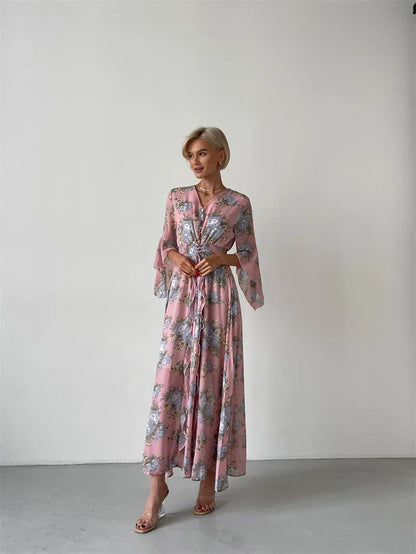 Elegant Bodycon Chiffon Maxi Dress Women Bandage Sexy Side Slit Beach Dress White Pink Floral Summer Long Dresses For Women 2024