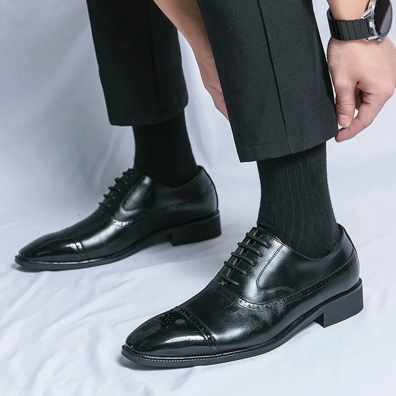 Casual Fashionable Men's Leather Shoes Trendy Business Formal Shoes Breathable Low Top Lace-Up Slip-On round Toe Rubber Sole