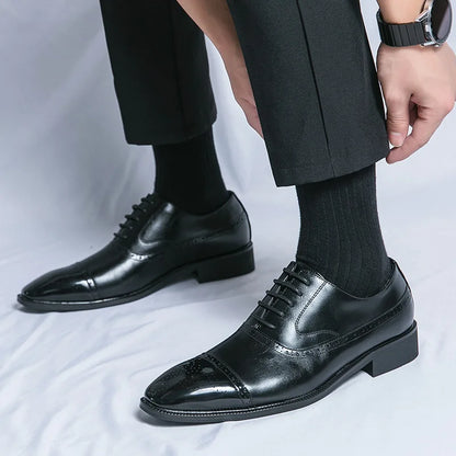 Casual Fashionable Men's Leather Shoes Trendy Business Formal Shoes Breathable Low Top Lace-Up Slip-On round Toe Rubber Sole