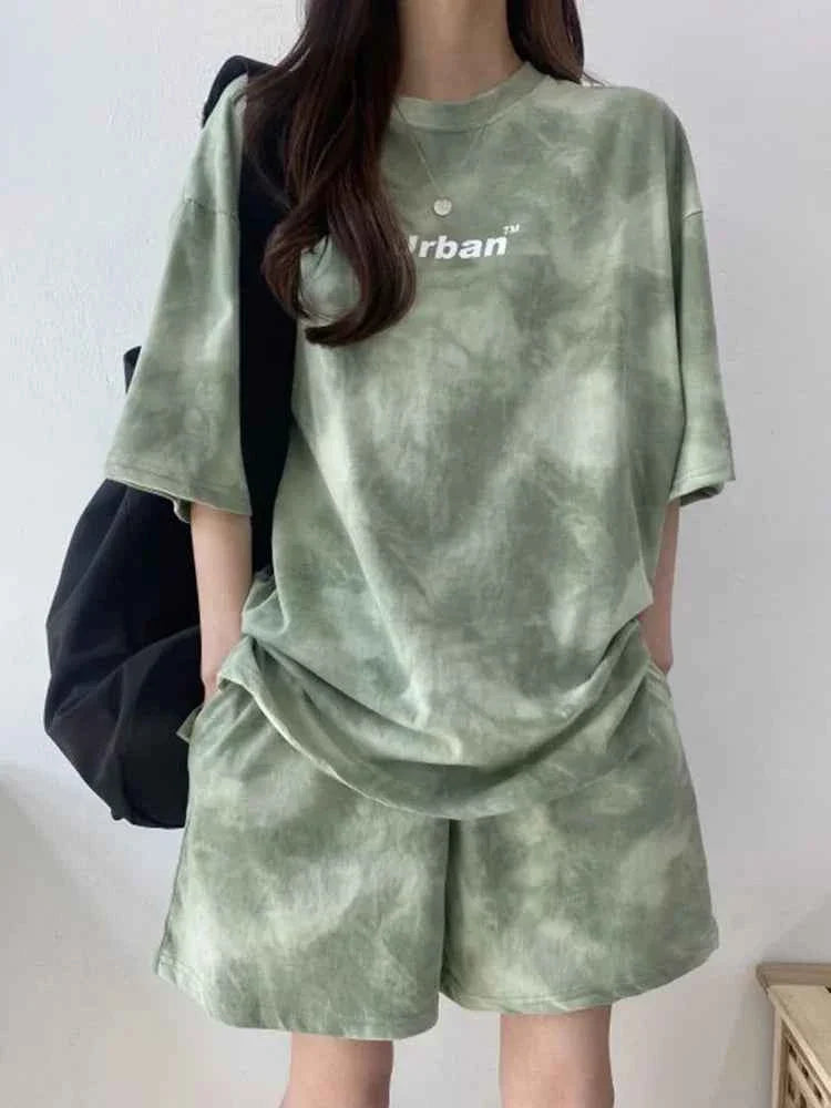 Women T-Shirt Shorts Suit Set Casual Tie Dye Loose t-shirt and wide leg middle shorts with pockets female Soft Summer Shorts Sets