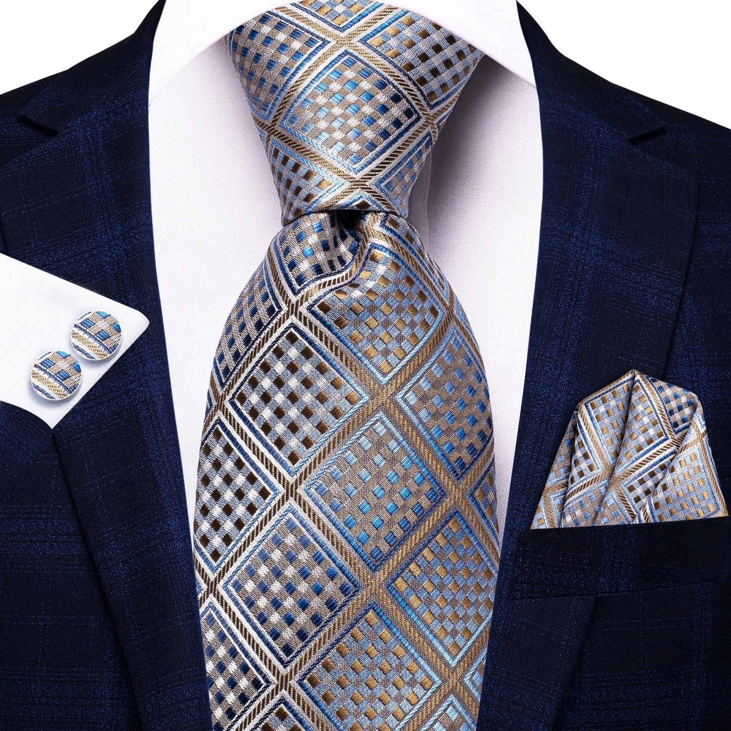 Hi-Tie Designer Silk Wedding Tie For Men Blue White Plaid Handky Cufflink Set Fashion Necktie For Men Business Party Wholesale